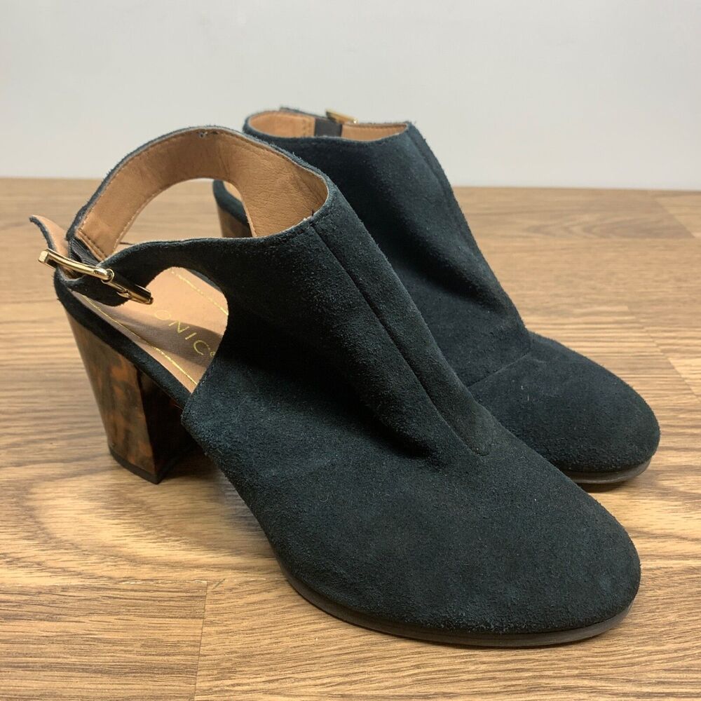 Vionic Lacey Tortoise Heeled‎ Boot Womens 8.5 Black Suede Ankle Open Slingback